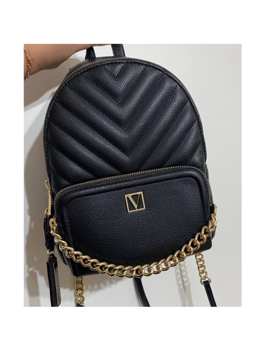 Victoria's Secret Black Quilted Backpack with Gold Chain